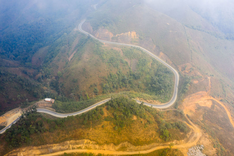 High angle view of road by mountains