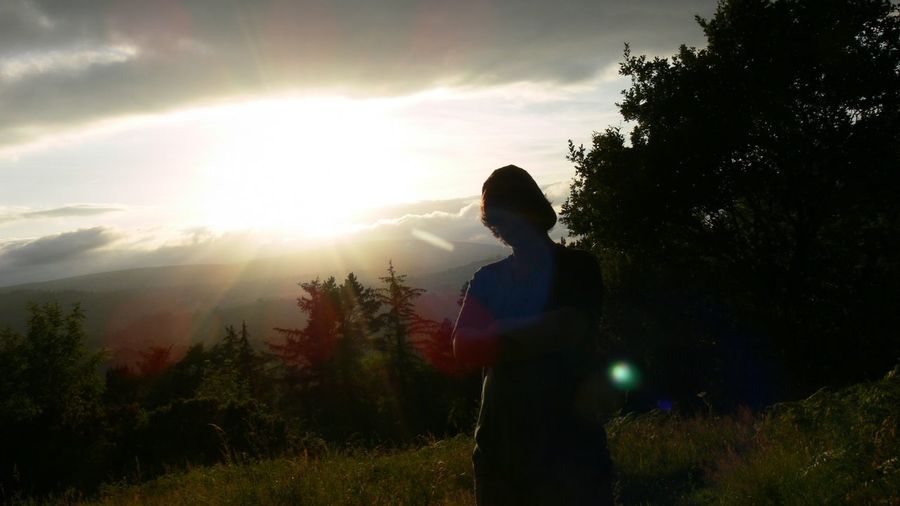 Woman standing by trees against sky during sunset