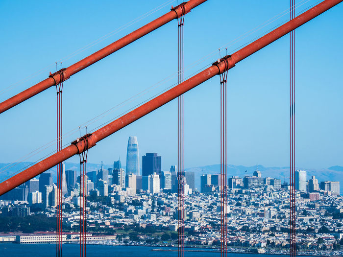Skyline of downtown san francisco, seen through the red cables of the golden gate bridge