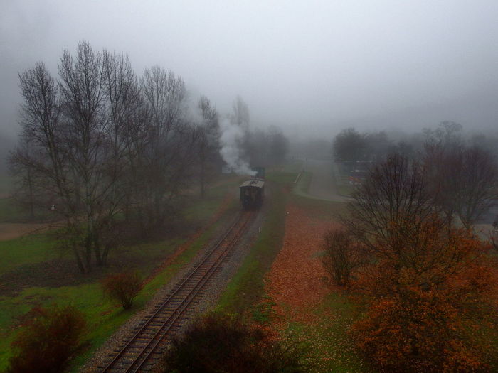 Railroad track in foggy weather