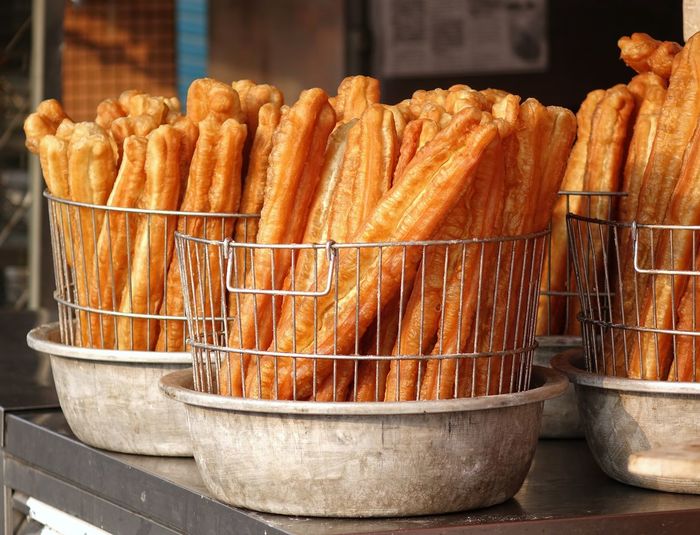 Fried food for sale at market stall