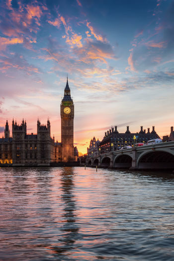 Big ben and houses of parliament by westminster bridge during sunset