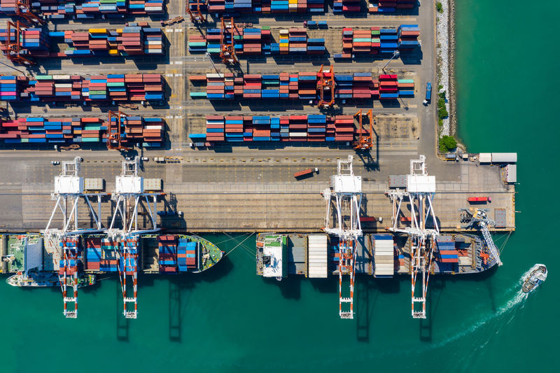 High angle view of commercial dock and shipping container 