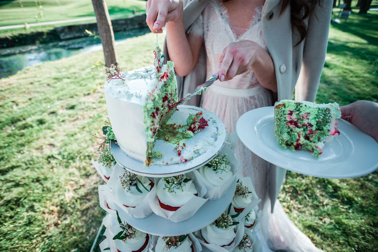Low section of woman serving slice of cake at park