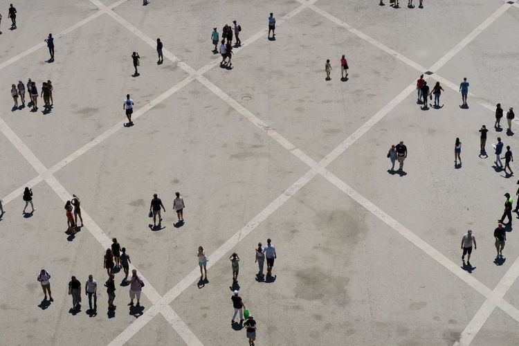 High angle view of people on road in city