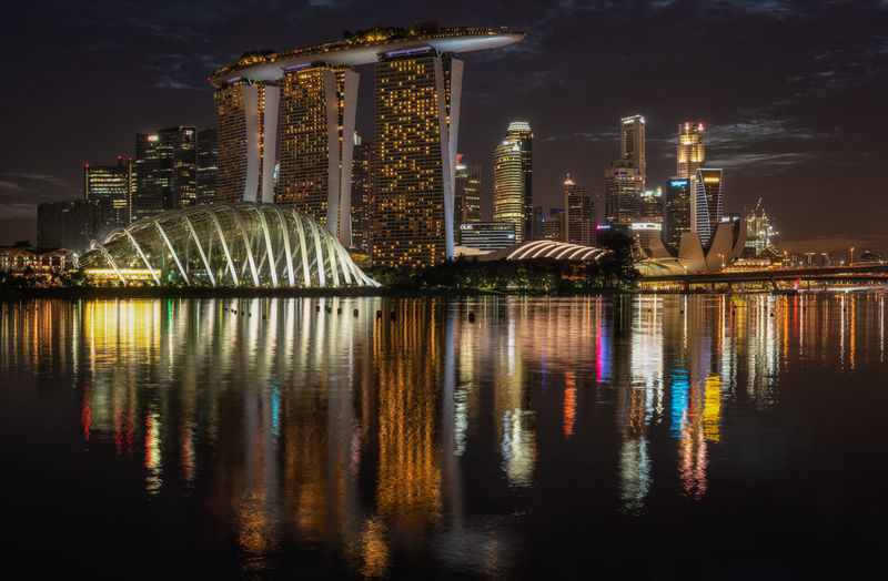 Reflection of modern buildings on river at night
