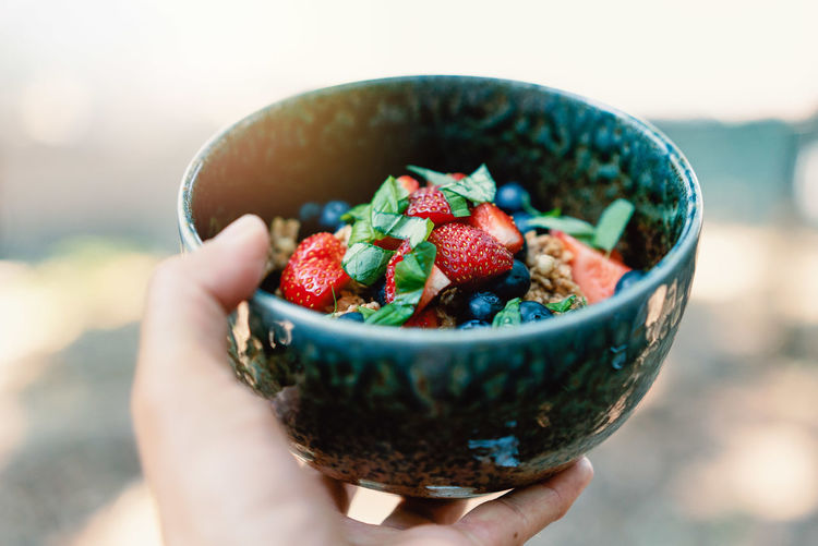 Midsection of person holding strawberries in bowl