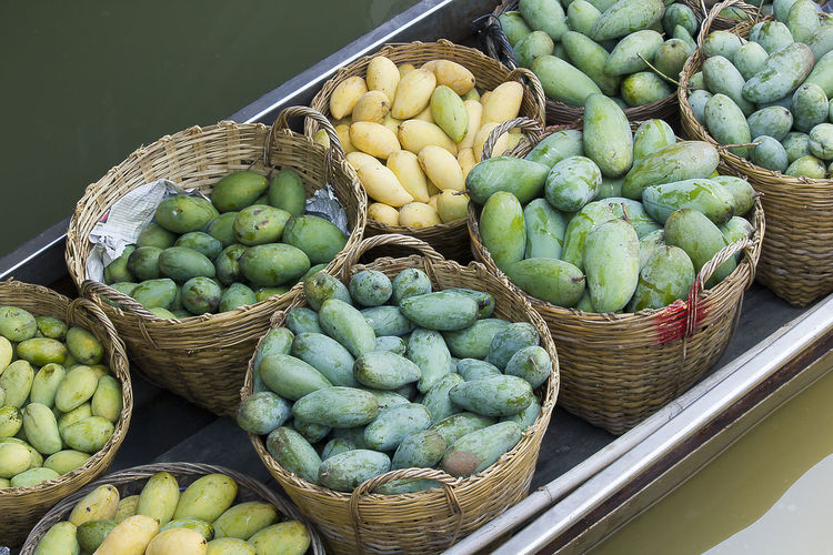 The mango is in the basket on the boat.