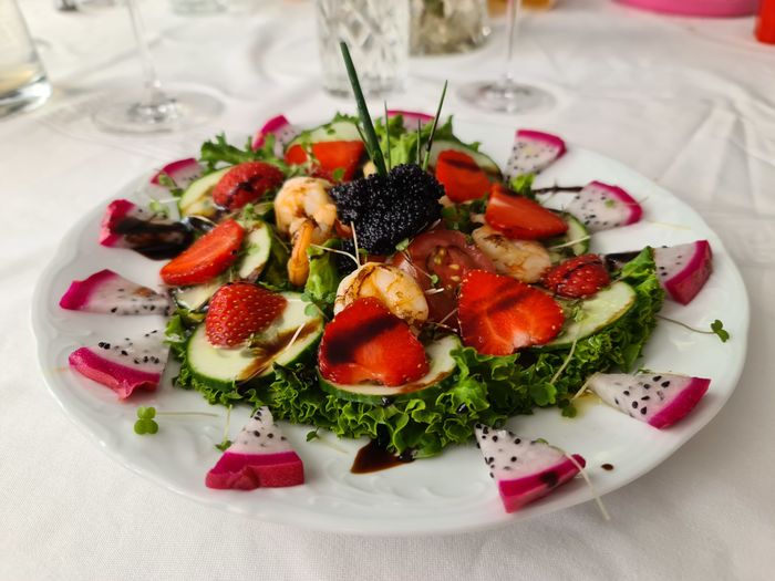 High angle view of salad served in plate