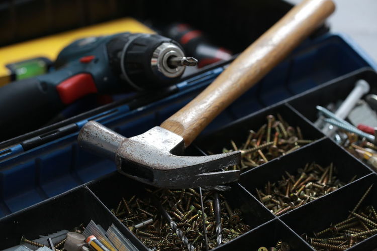 Close-up of work tools on box