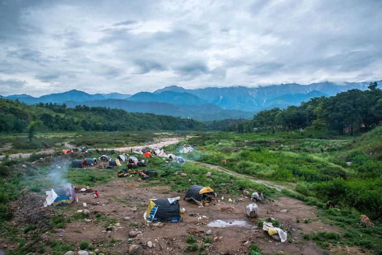 Tents of nomadic tribes in evergreen mountain region
