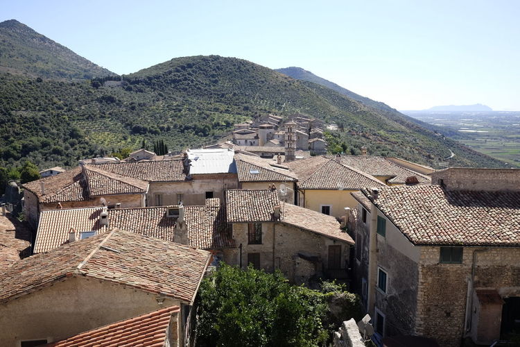 High angle view of houses against clear sky