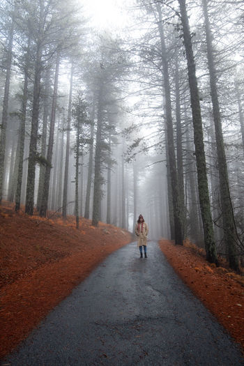 Young woman walking in a rural road in the forest in winter. troodos cyprus