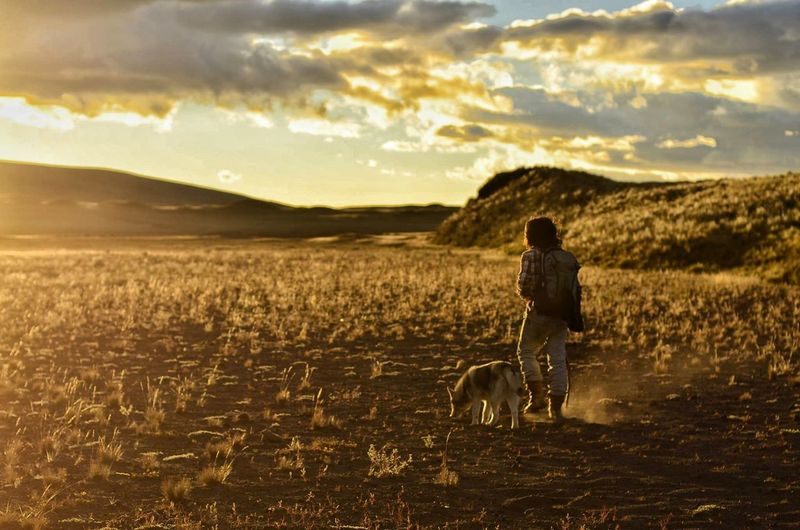 Rear view of woman walking with siberian husky at cotopaxi national park against cloudy sky