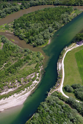 Aerial view of the confluence of mura and drava rivers