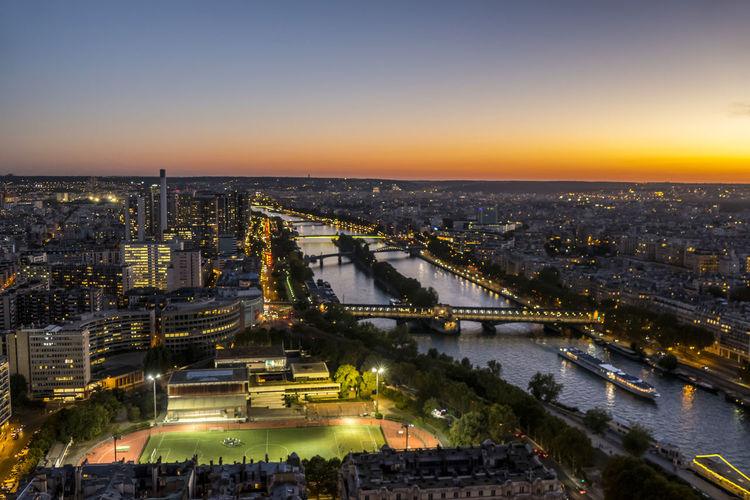 Aerial view of paris and the river seine  at sunset