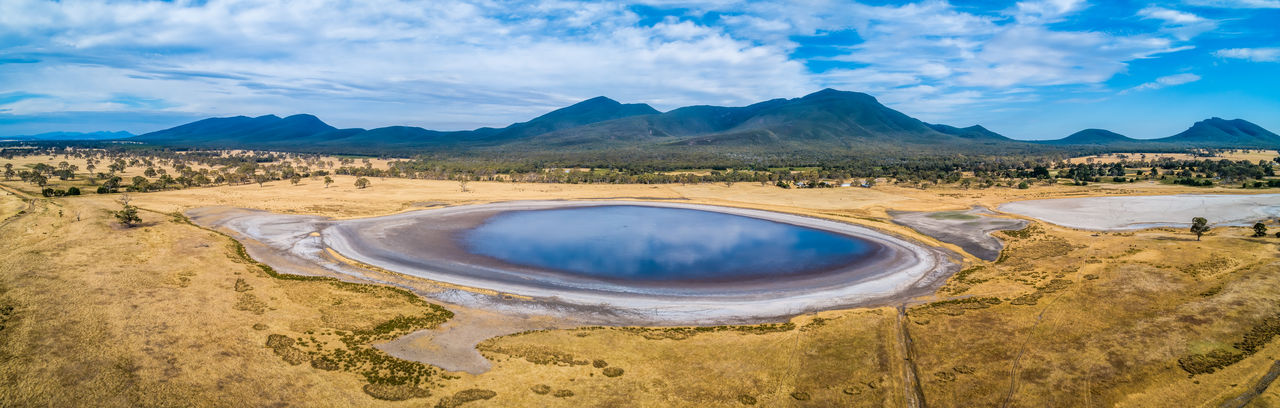 Small lake and grampians mountains - aerial panorama