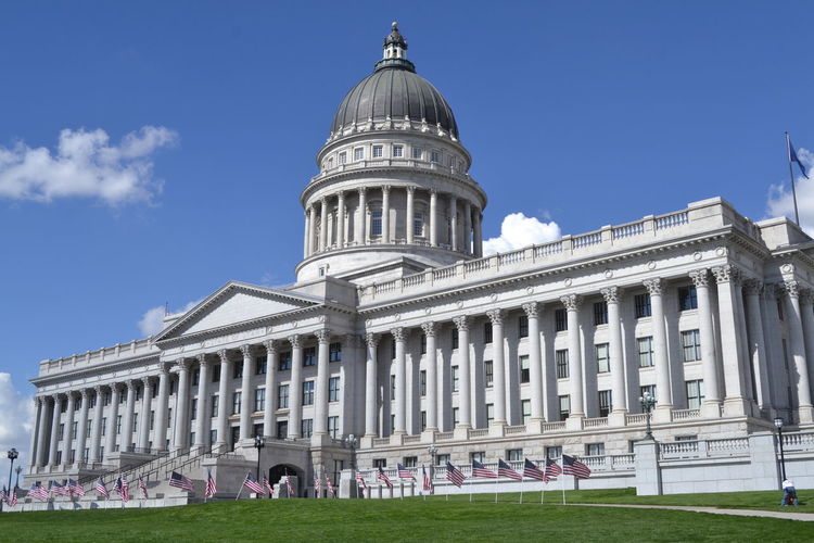 Low angle view of utah state capitol against sky