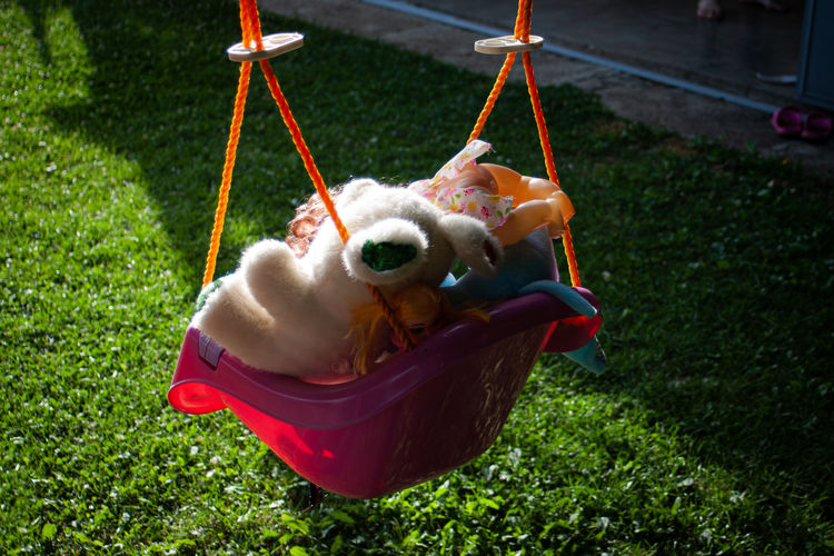 High angle view of stuffed toy in park
