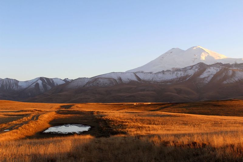Scenic view of field and mountains against clear sky