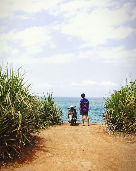 Rear view of father with son standing on beach