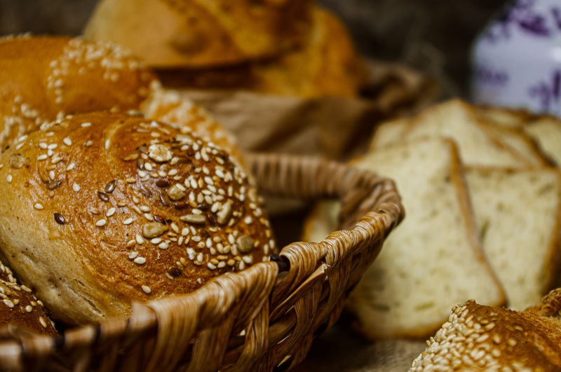 Close-up of bread in basket on table