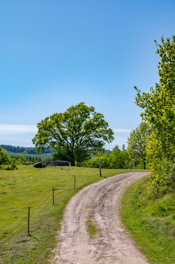 Road passing through landscape against clear blue sky