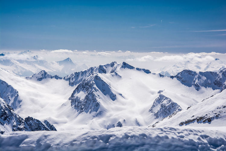 Scenic view of snowcapped mountains against sky