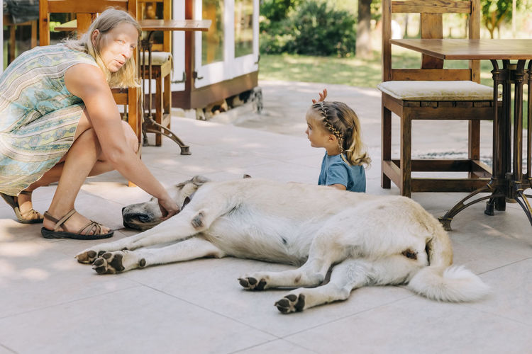 Rear view of woman with dog sitting outdoors