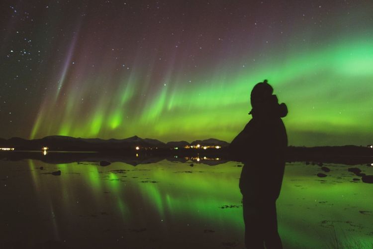 Rear view of a man on landscape at night