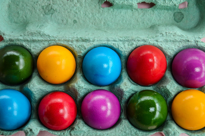 Close-up of colorful easter eggs in carton
