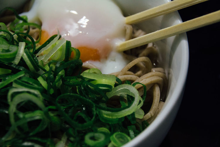 Close-up of soba noodles served in bowl
