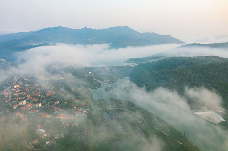 High angle view of mountains against sky