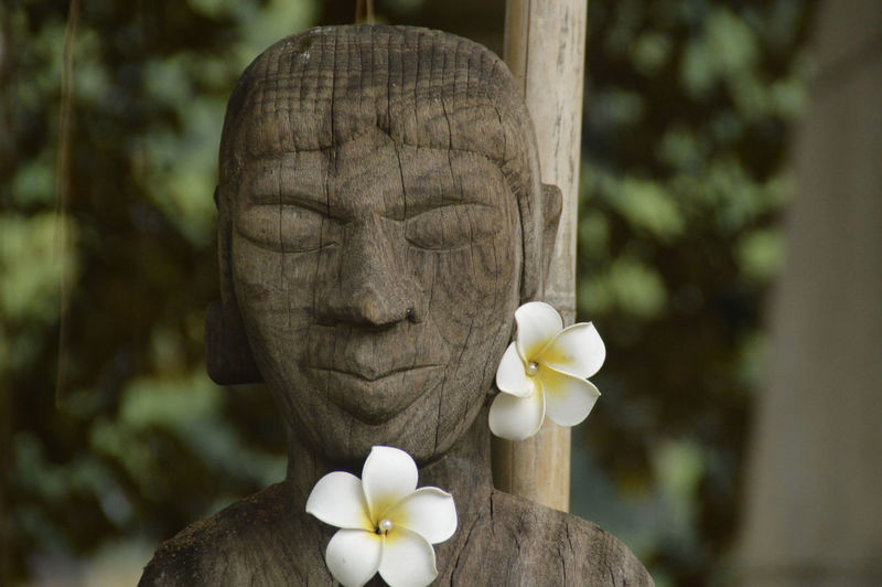 Close-up of a wooden batak sculpture decorated with frangipani flowers