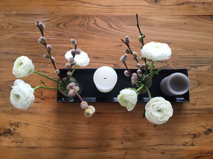 High angle view of white roses on table
