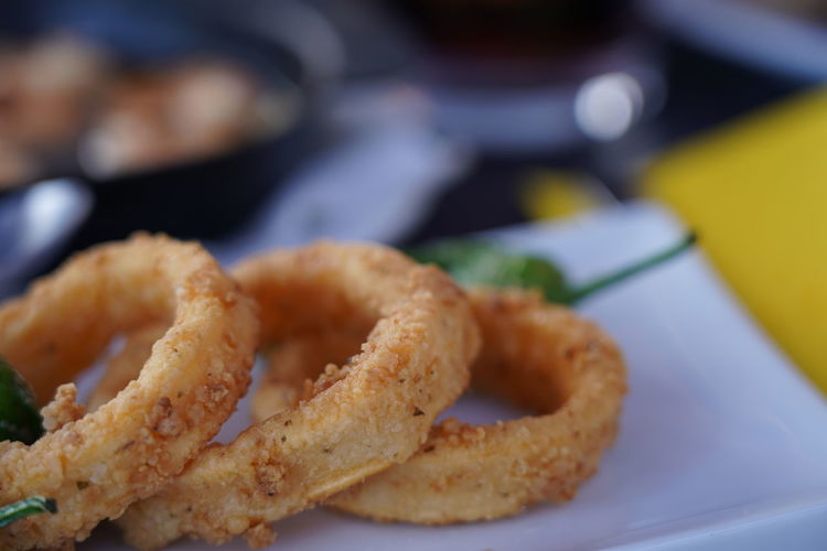 Calamari rings served with green peppers, typical canarian food, tenerife, canary islands