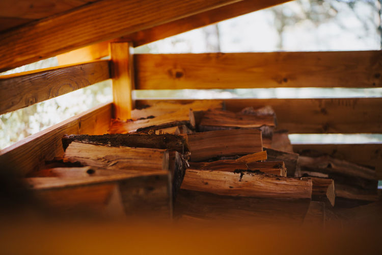 Close-up of logs in cabin