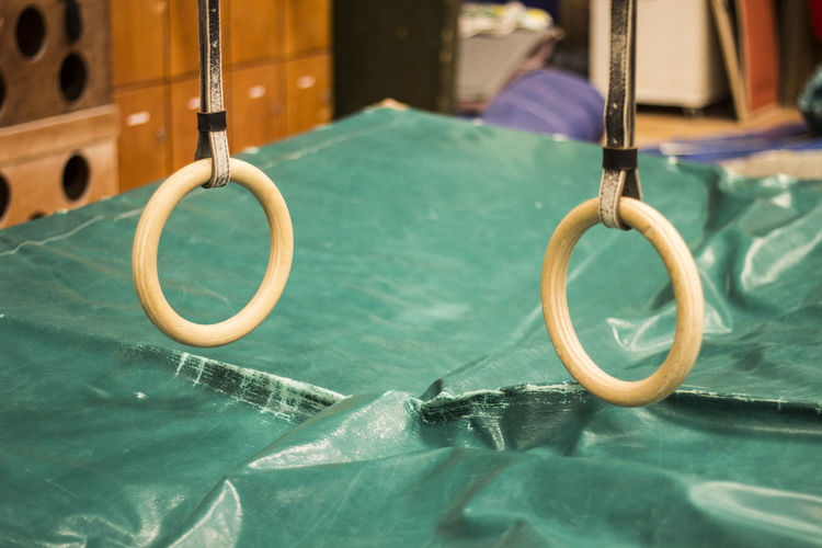 Close-up of gymnastic rings hanging 