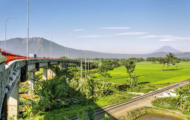 Panoramic view of bridge over landscape against sky
