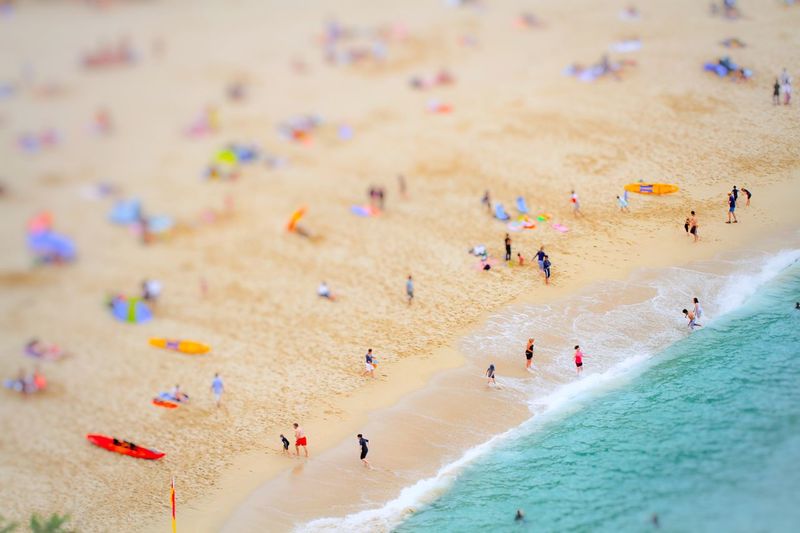 Tilt-shift image of people at beach