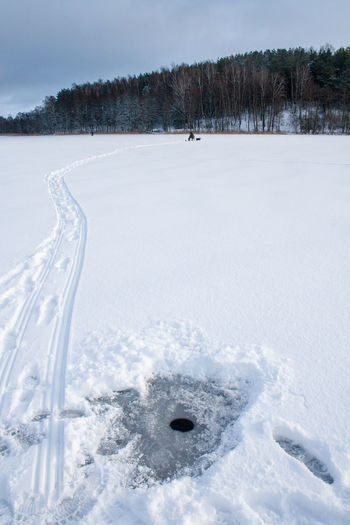 Fishing on a frozen lake in winter, hole