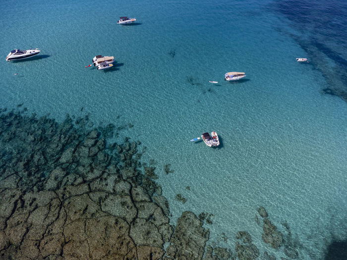Pleasure boats at anchor , protected natural area, capdepera, mallorca, balearic islands, spain