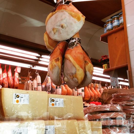 Low angle view of meat for sale at store