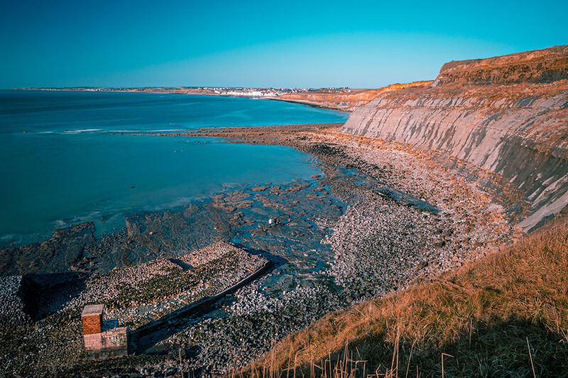 Elevated view of a cliff at the french coast close to wimereux just prior sunset
