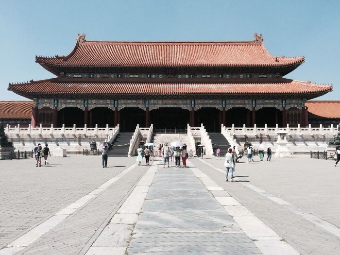 Tourist at forbidden city palace against clear sky
