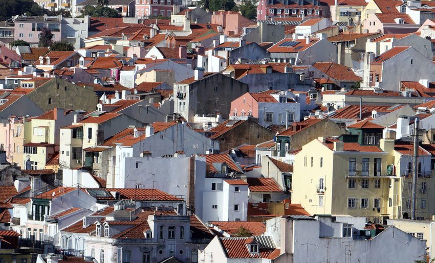 High angle view of houses in town