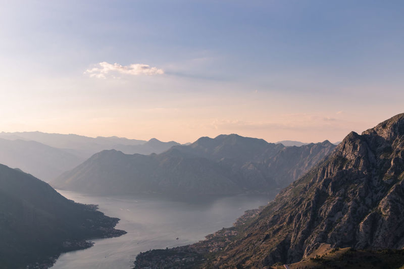 Scenic view of mountains against sky during sunset